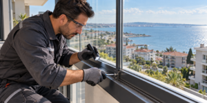 Balkon camını ve bağlantı noktalarını kontrol eden usta